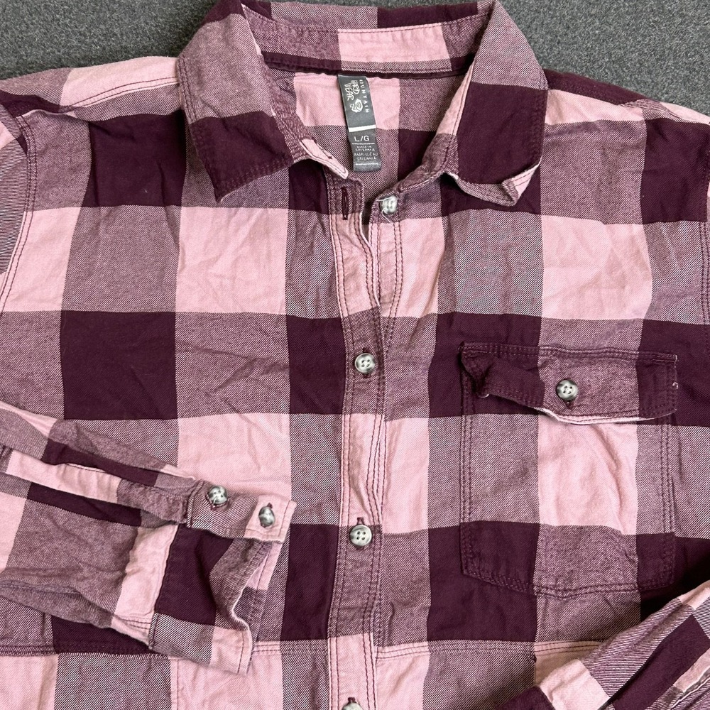 Mountain Hardwear Shirt Women Large Pink Burgundy Plaid Button Front Long Sleeve